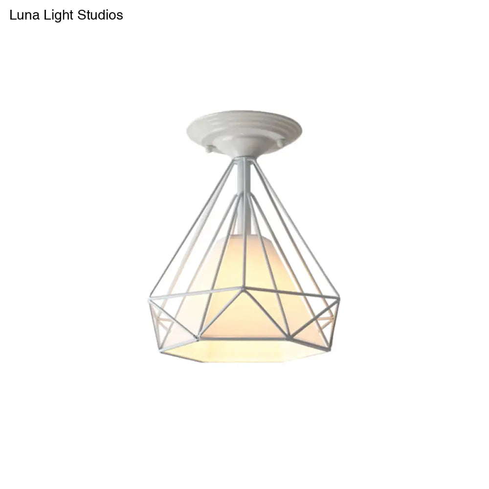 Modern Diamond Wire Guard Ceiling Lamp - Iron Glass Mount Light For Corridor Room