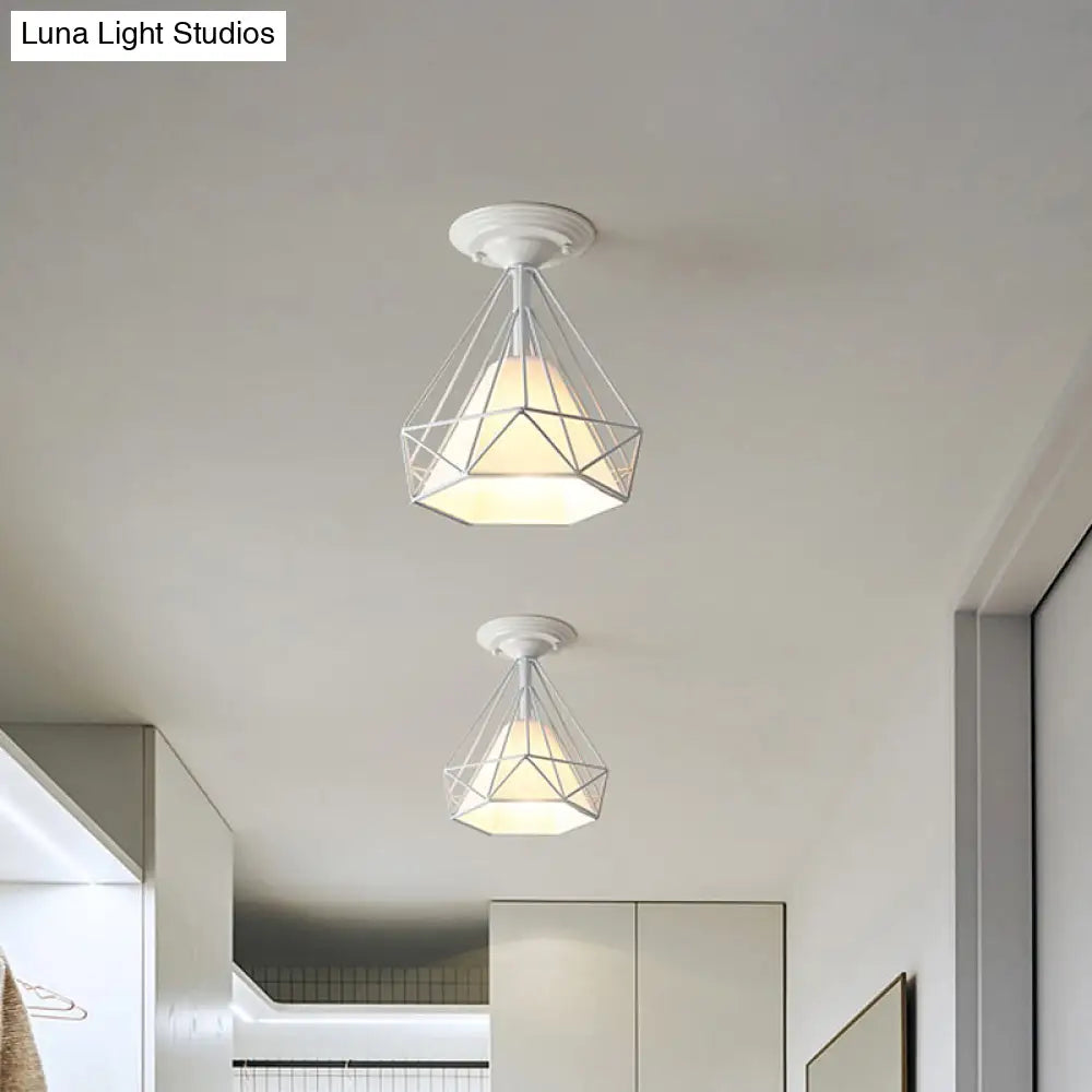 Modern Diamond Wire Guard Ceiling Lamp - Iron Glass Mount Light For Corridor Room