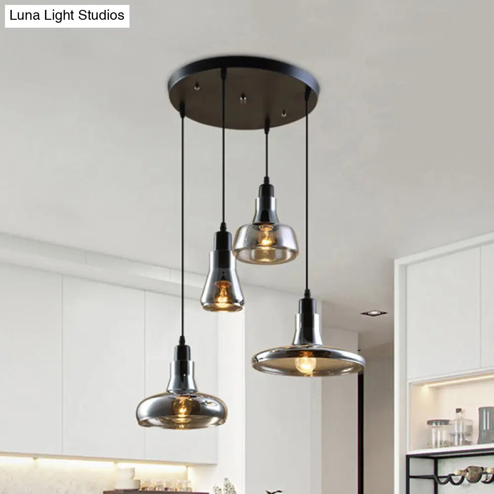 Modern Dining Room Hanging Ceiling Light - 4 Lights Round/Linear Canopy Multi Pendant With Smoked