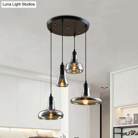 Modern Dining Room Hanging Ceiling Light - 4 Lights Round/Linear Canopy Multi Pendant With Smoked