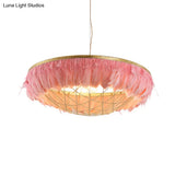 Modern Dome Cage Metallic Chandelier: Gold 2-Bulb Ceiling Lamp With Feather Deco - White Grey Pink