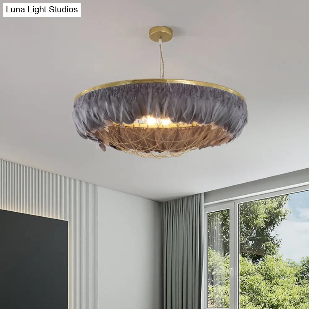 Modern Dome Cage Metallic Chandelier: Gold 2-Bulb Ceiling Lamp With Feather Deco - White Grey Pink