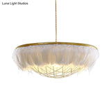 Modern Dome Cage Metallic Chandelier: Gold 2-Bulb Ceiling Lamp With Feather Deco - White Grey Pink