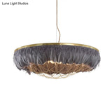 Modern Dome Cage Metallic Chandelier: Gold 2-Bulb Ceiling Lamp With Feather Deco - White Grey Pink