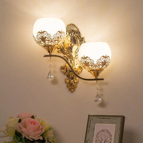 Modern Dome Wall Sconce With Swirled Arm - Crystal Accent Lighting Gold Finish 2 Lights