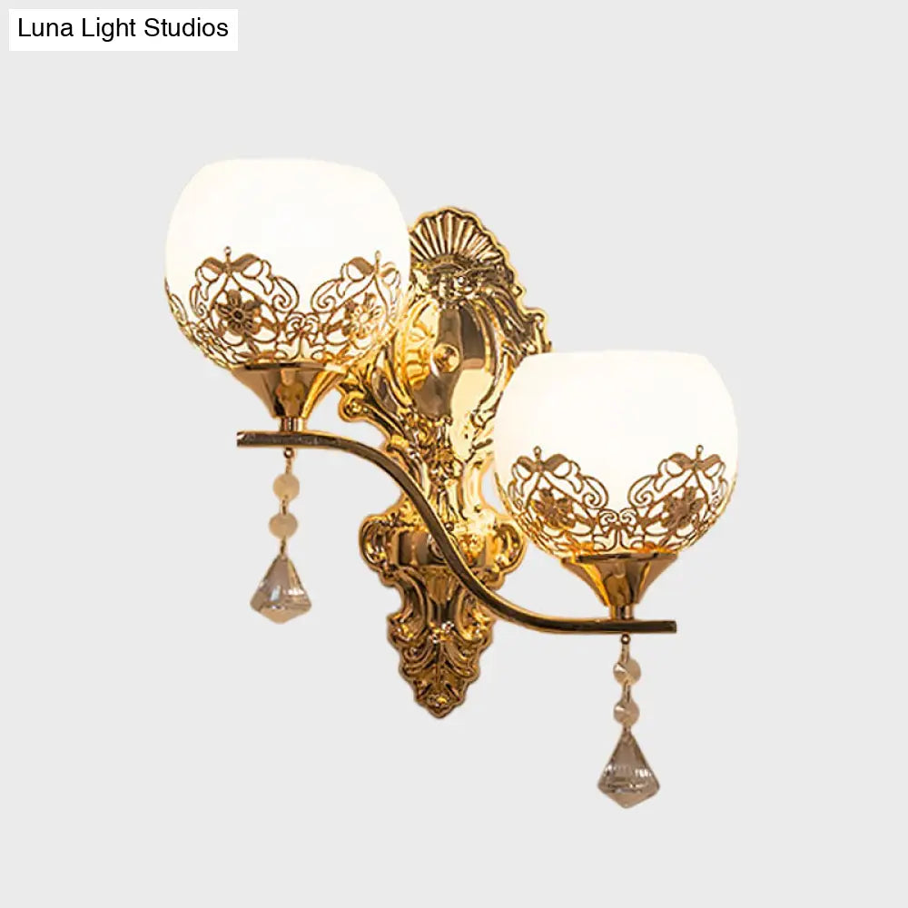 Modern Dome Wall Sconce With Swirled Arm - Crystal Accent Lighting Gold Finish 2 Lights