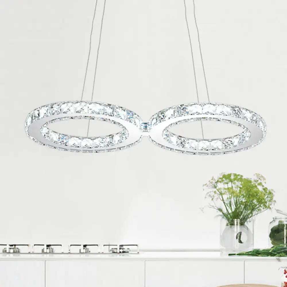 Modern Double Ring Crystal Pendant Light - 2 Heads Silver Led Chandelier Lamp For Dining Room