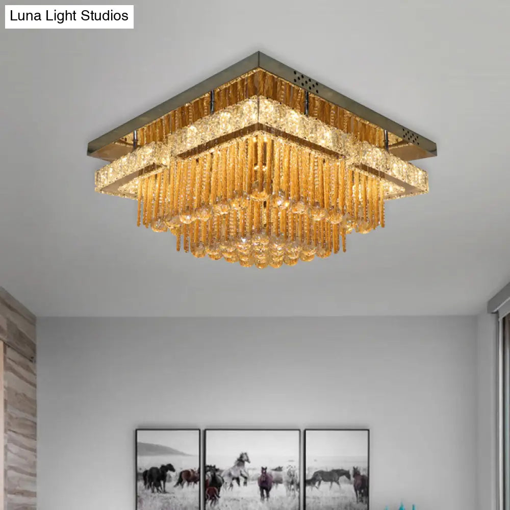 Modern Draping Crystal Lounge Led Flush Mount Ceiling Light - Polished Chrome Round/Square Fixture