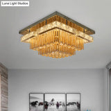 Modern Draping Crystal Lounge Led Flush Mount Ceiling Light - Polished Chrome Round/Square Fixture