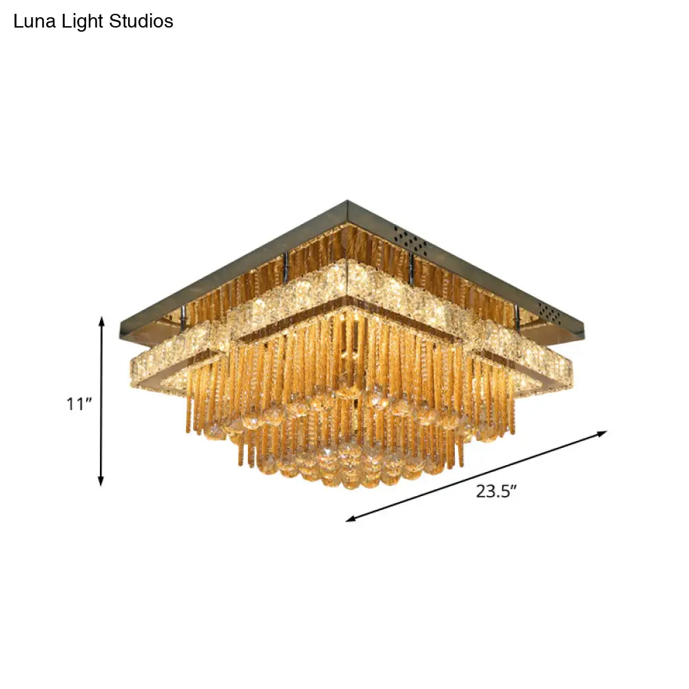 Modern Draping Crystal Lounge Led Flush Mount Ceiling Light - Polished Chrome Round/Square Fixture