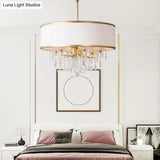 Modern Drum Ceiling Chandelier With Crystal Droplet - Brass Hanging Pendant Light (6 Bulbs)