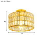 Modern Drum Ceiling Light With Beveled Crystal Inserts - Flush Mount Fixture In Gold