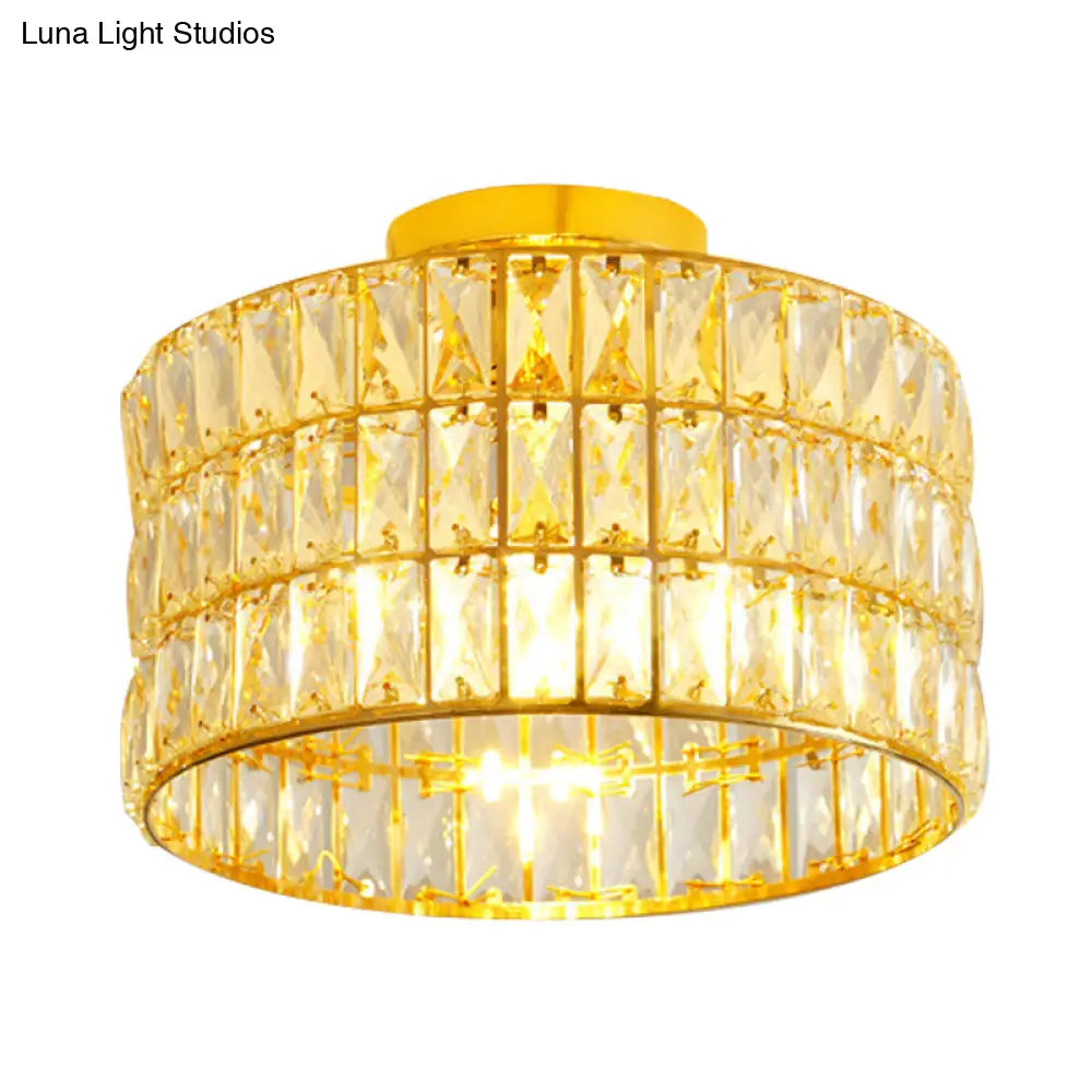 Modern Drum Ceiling Light With Beveled Crystal Inserts - Flush Mount Fixture In Gold