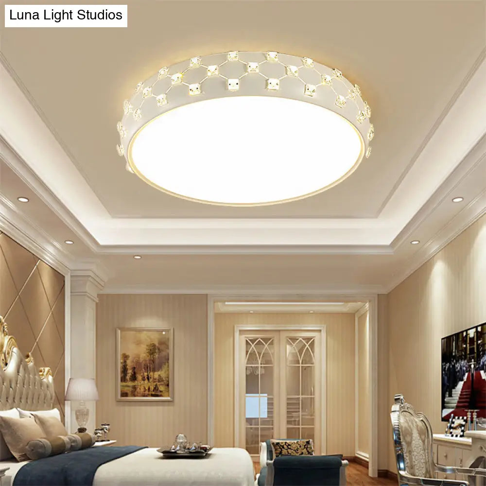 Modern Drum Ceiling Light With Crystal Square - White & Led Flush Lamp For Bedroom