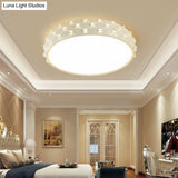 Modern Drum Ceiling Light With Crystal Square - White & Led Flush Lamp For Bedroom