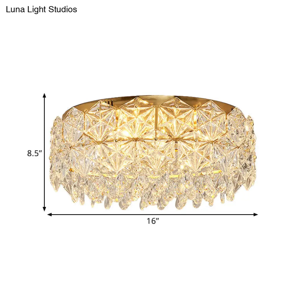 Modern Drum Crystal Flush Mount Ceiling Light With 4/6 Heads - 16.5’/20.5’ Width