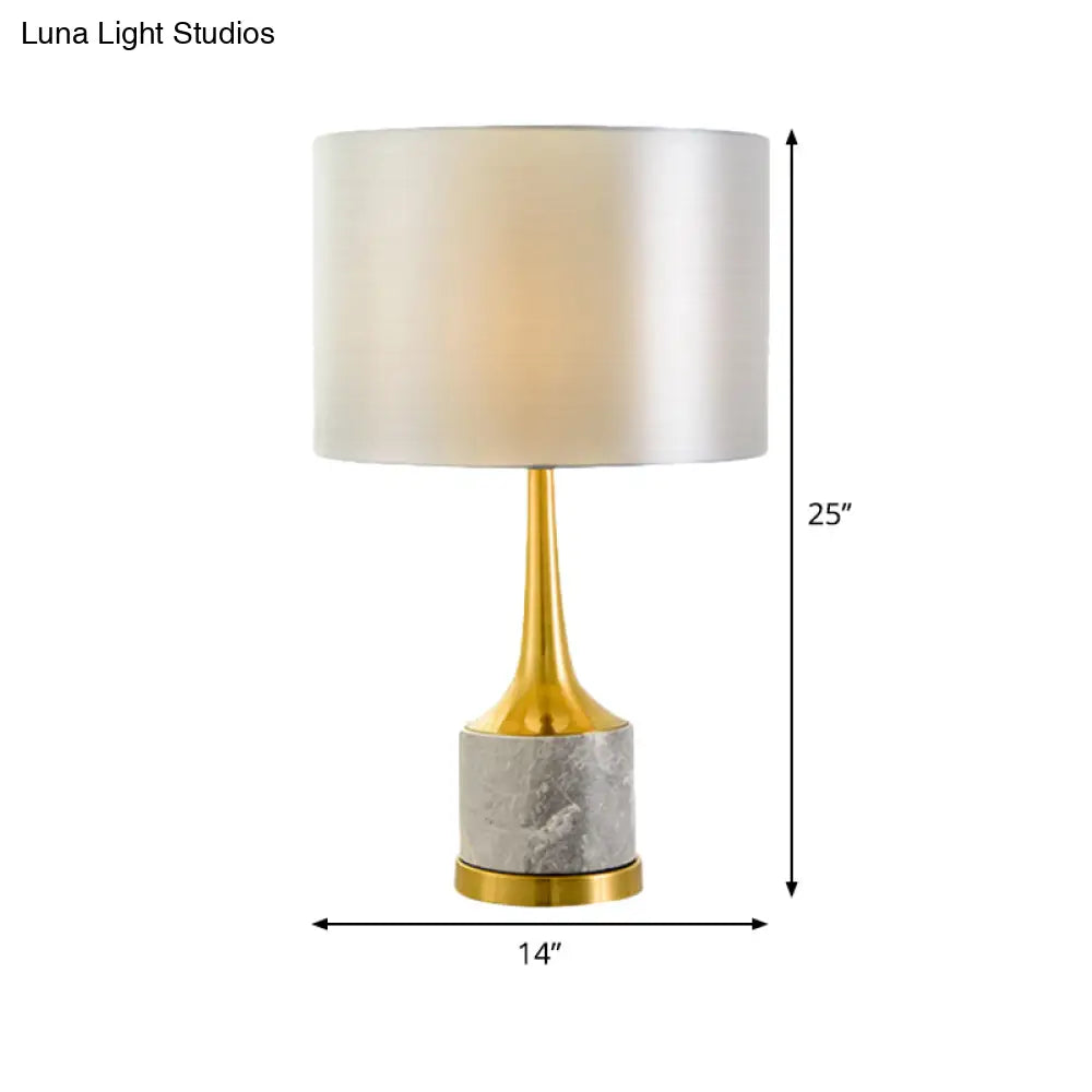 Modern Drum Fabric Nightstand Lamp In White With Marble Base Perfect For Living Room Lighting