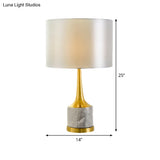 Modern Drum Fabric Nightstand Lamp In White With Marble Base Perfect For Living Room Lighting