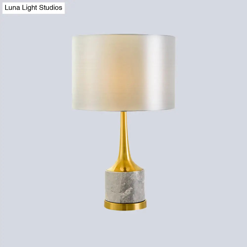 Modern Drum Fabric Nightstand Lamp In White With Marble Base Perfect For Living Room Lighting