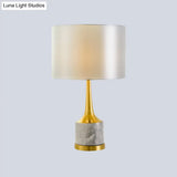 Modern Drum Fabric Nightstand Lamp In White With Marble Base Perfect For Living Room Lighting