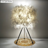 Modern Drum Feather Table Light With Metallic Tripod - White Living Room Nightstand Lighting
