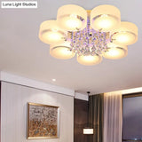Modern Drum Flush Mount With Frosted Glass & Crystal Drop - 3/5/6 Head White Ceiling Light