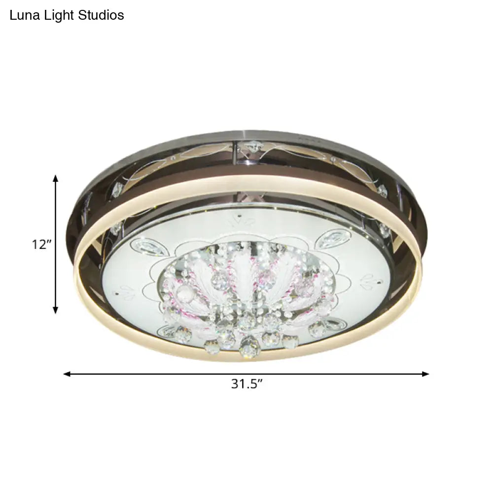 Modern Drum Led Flush Ceiling Light With Clear Crystal Draping - 23.5’/31.5’ Wide Stainless -