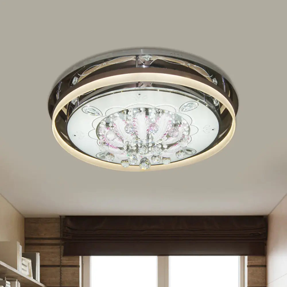 Modern Drum Led Flush Ceiling Light With Clear Crystal Draping - 23.5/31.5 Wide Stainless-Steel