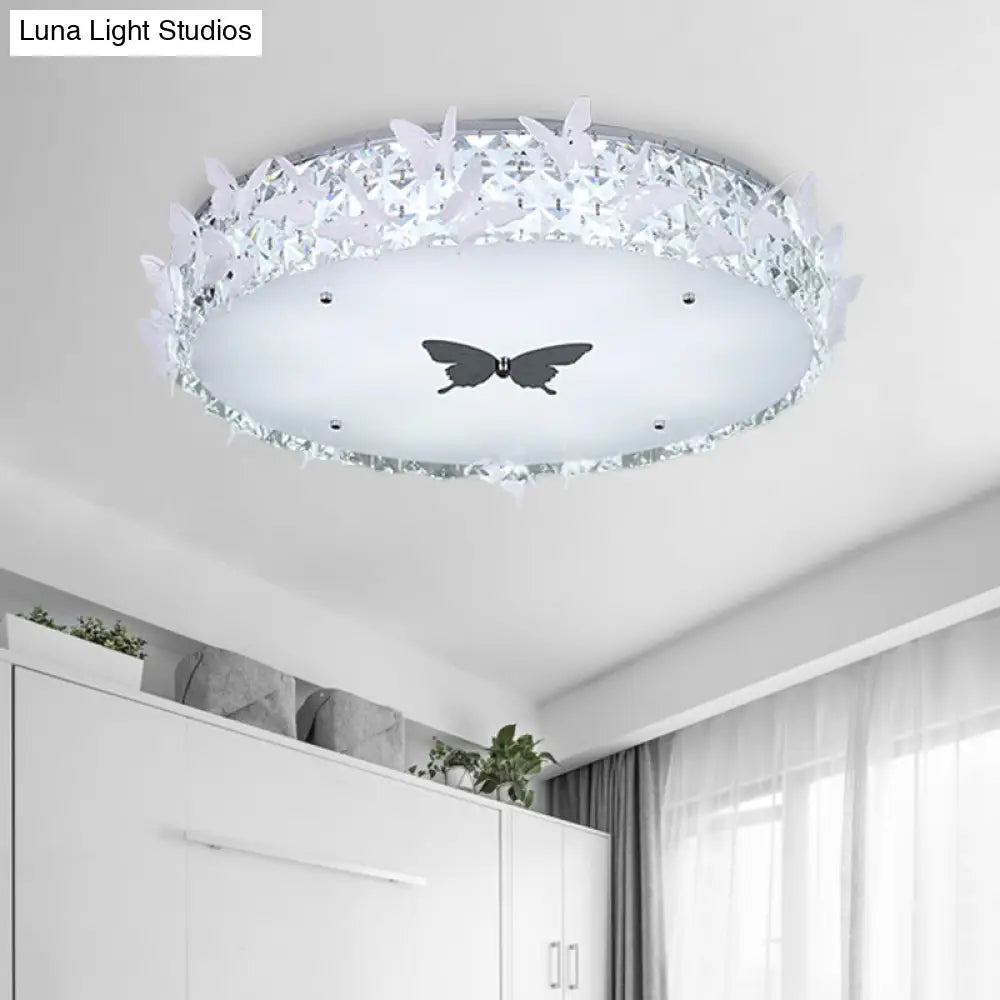 Modern Drum Led Flushmount Lighting With Clear/Amber/Lake Blue Crystal Bedroom Ceiling Fixture -