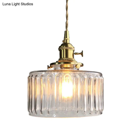 Modern Drum Pendant Light With Fluted Glass - Stylish Hanging Lamp For Gallery