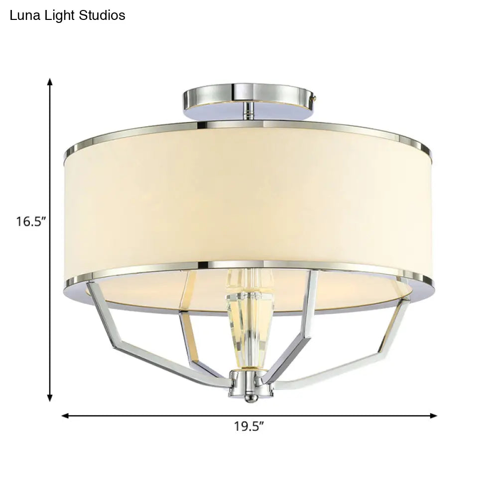 Modern Drum Semi Flush Ceiling Light With White Fabric Shade Chrome Finish 5 Lights