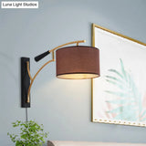 Modern Drum Shade Wall Lamp - 1 Head Fabric Lighting For Bedroom In Flaxen/Coffee