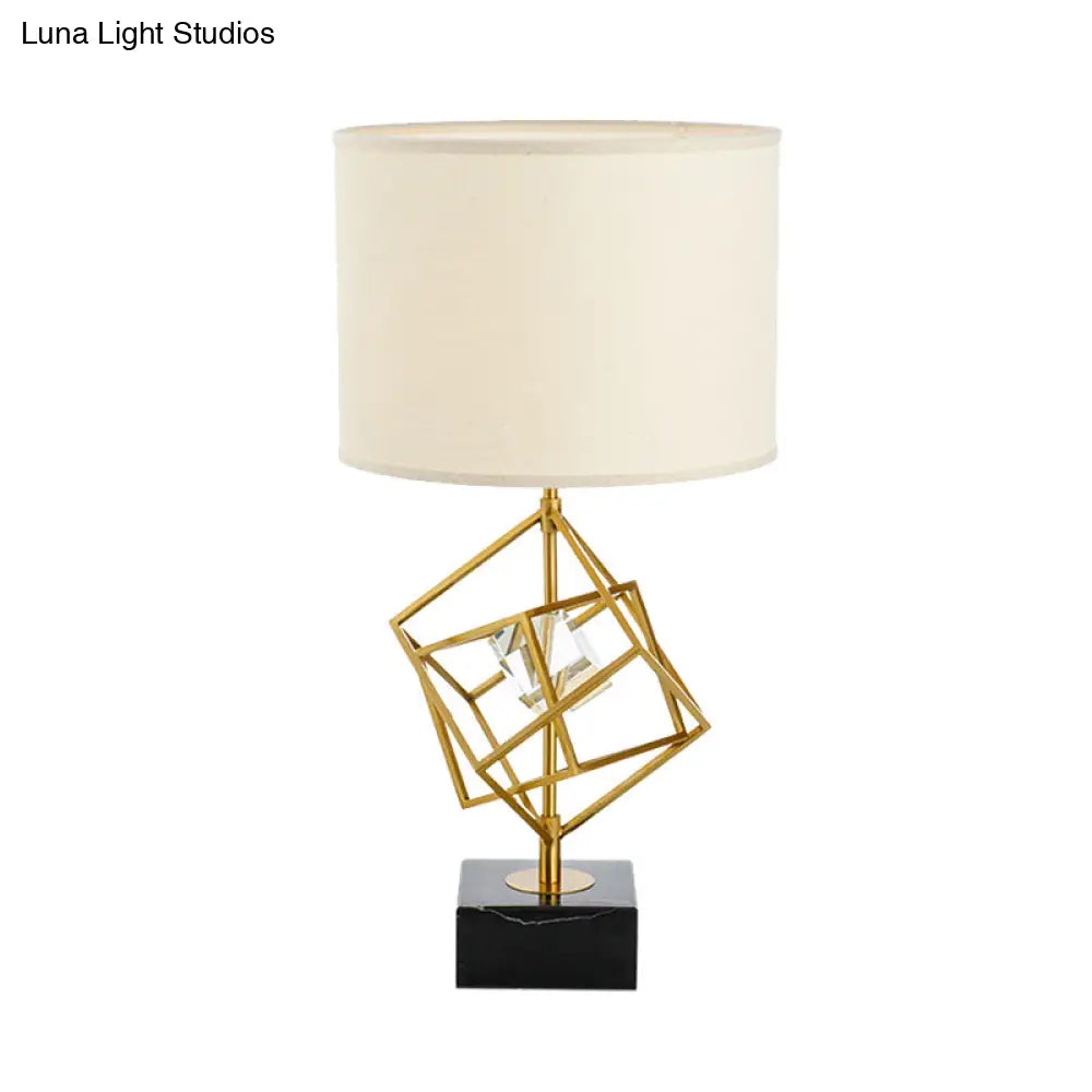 Modern Drum Task Lamp With Gold 1-Head Fabric Reading Light And Black Marble Base
