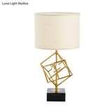 Modern Drum Task Lamp With Gold 1-Head Fabric Reading Light And Black Marble Base