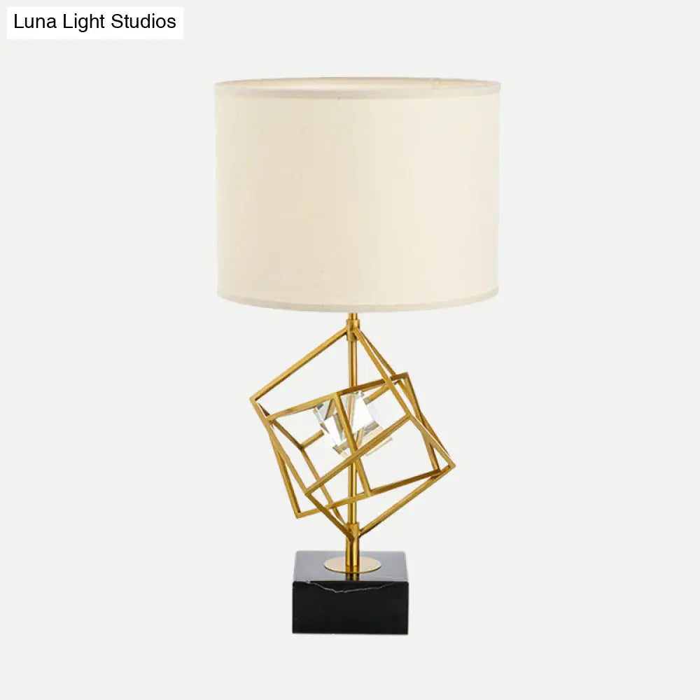 Modern Drum Task Lamp With Gold 1-Head Fabric Reading Light And Black Marble Base