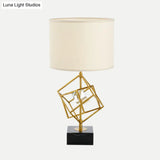 Modern Drum Task Lamp With Gold 1-Head Fabric Reading Light And Black Marble Base