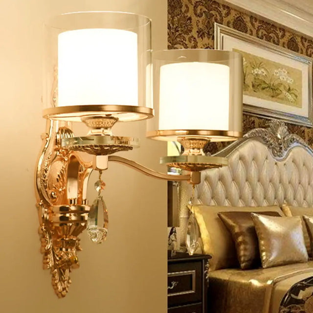 Modern Dual Cylinder 2-Light Gold Wall Sconce With Clear And Frosted Glass