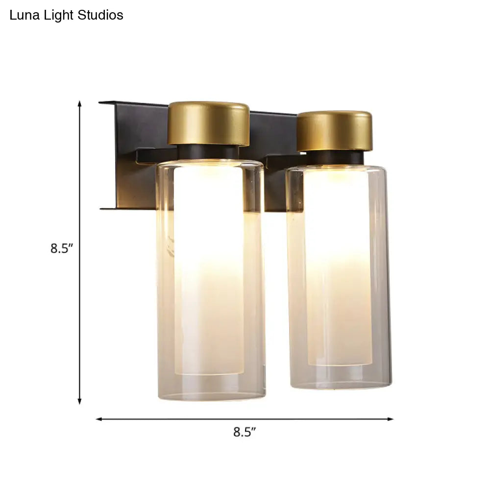 Modern Dual Cylinder Brass Sconce Light Fixture With Clear Glass - 2 Bulbs Led Wall Mount Lamp