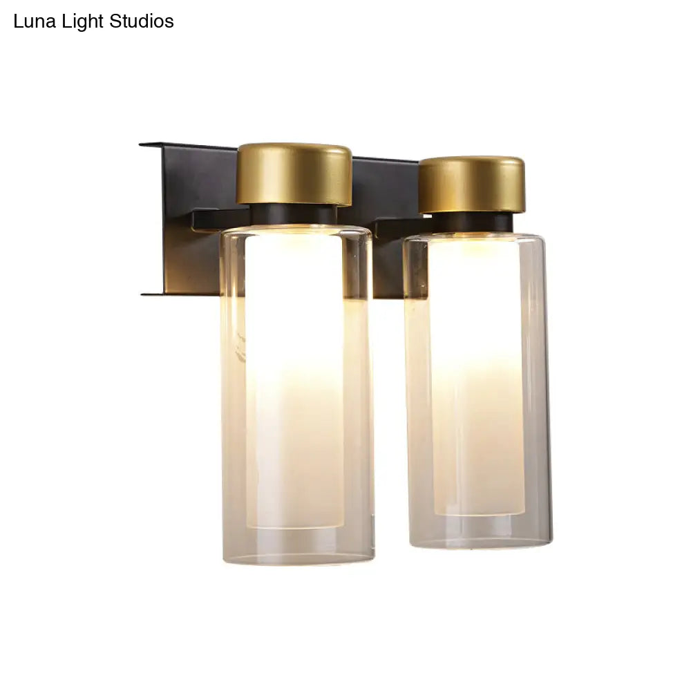 Modern Dual Cylinder Brass Sconce Light Fixture With Clear Glass - 2 Bulbs Led Wall Mount Lamp