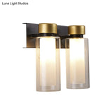 Modern Dual Cylinder Brass Sconce Light Fixture With Clear Glass - 2 Bulbs Led Wall Mount Lamp