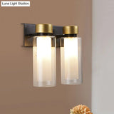 Modern Dual Cylinder Brass Sconce Light Fixture With Clear Glass - 2 Bulbs Led Wall Mount Lamp