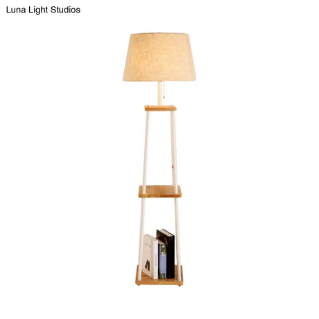 Modern Fabric Cone/Drum/Tapered Floor Lamp With Table & Storage Rack - Black/White/Wood Stand Up