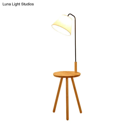 Modern Fabric Cone/Drum/Tapered Floor Lamp With Table & Storage Rack - Black/White/Wood Stand Up