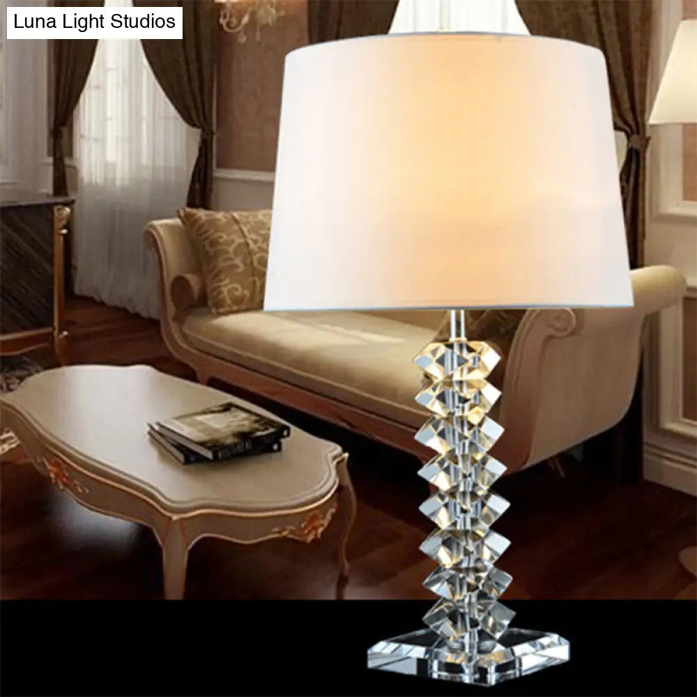 Modern Fabric Desk Lamp: Conical Night Table Light With Crystal Base White - 1 Bulb