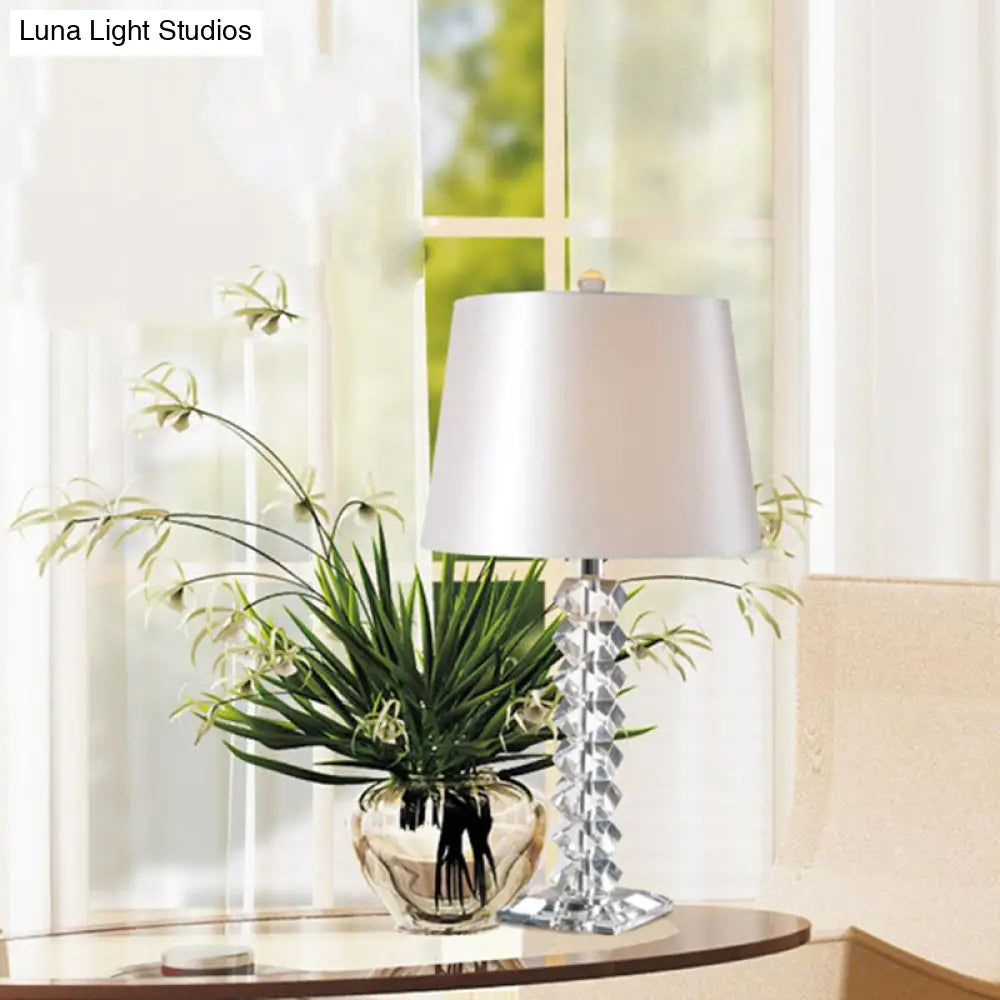 Modern Fabric Desk Lamp: Conical Night Table Light With Crystal Base White - 1 Bulb