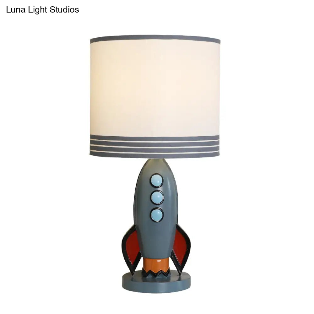 Modern Fabric Drum Shade Table Lamp With Resin Rocket Base - 1 Light White Lighting