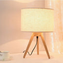 Modern Fabric Led Book Light With Cylinder Shape And Wooden Tripod Stand Wood