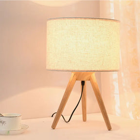 Modern Fabric Led Book Light With Cylinder Shape And Wooden Tripod Stand Wood