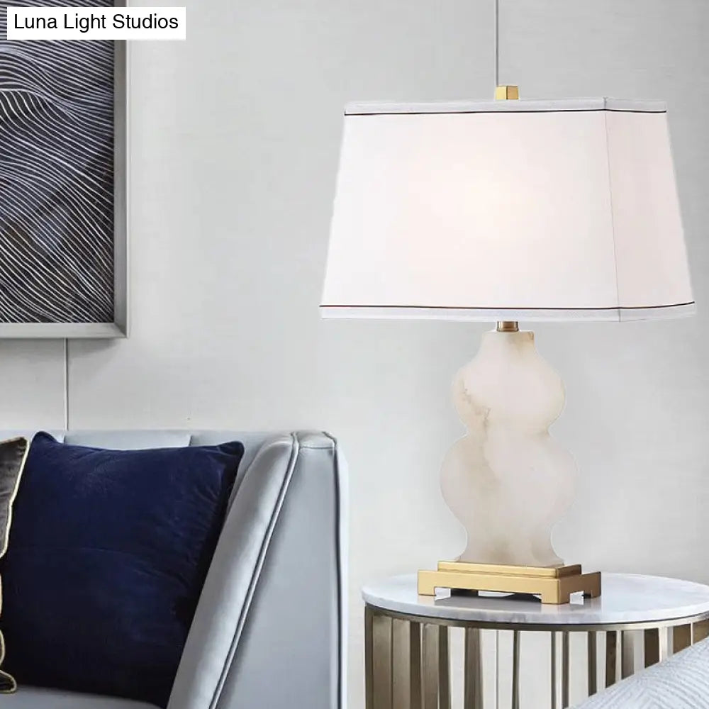 Modern Fabric Tapered Task Light - 1 Head White Nightstand Lamp With Gourd Marble Base
