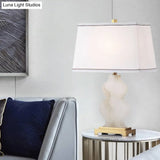 Modern Fabric Tapered Task Light - 1 Head White Nightstand Lamp With Gourd Marble Base